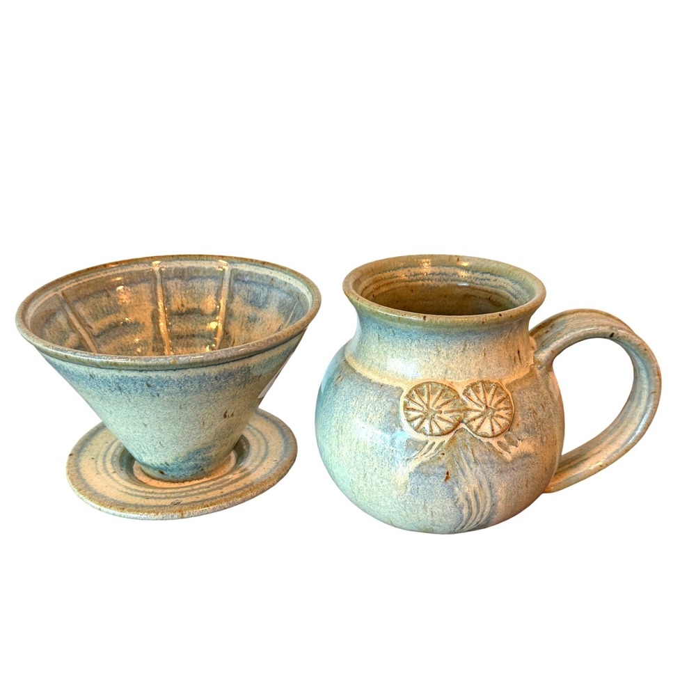 Handmade Glazed Blue Cream Ceramic Coffee Mug w/Dripper Pourover Set V60 Style